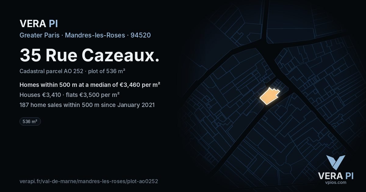 35 Rue Cazeaux, Mandres-les-Roses at night – the plot lit, the parcels around coloured by the prices near them