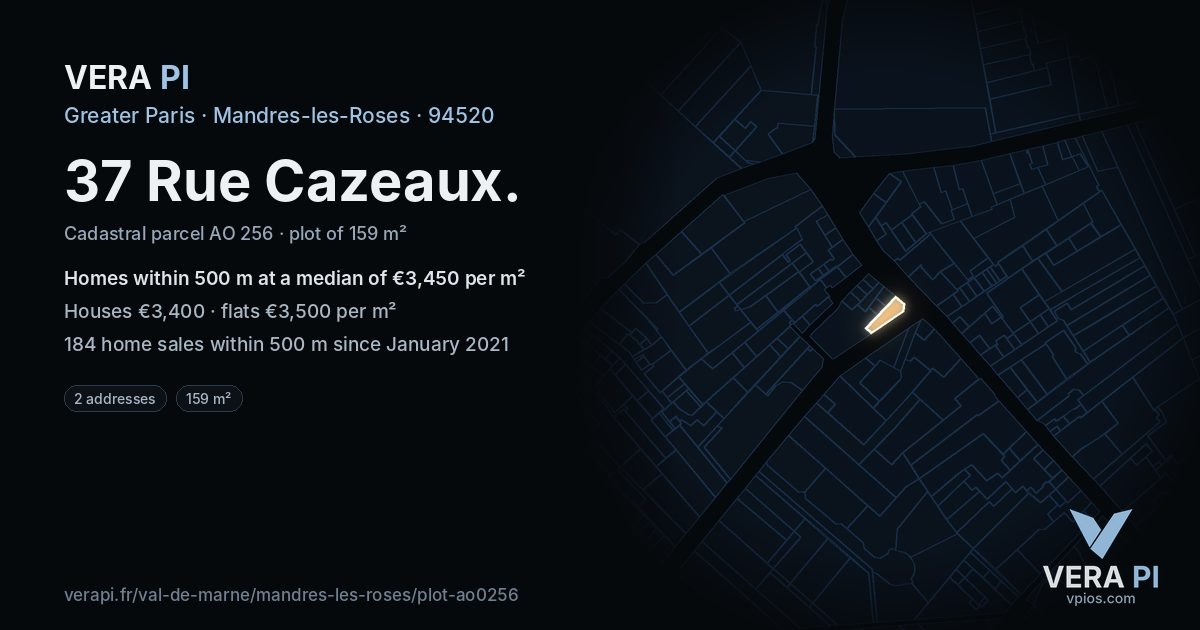 37 Rue Cazeaux, Mandres-les-Roses at night – the plot lit, the parcels around coloured by the prices near them