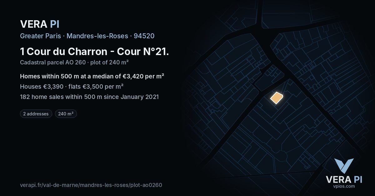 1 Cour du Charron - Cour N°21, Mandres-les-Roses at night – the plot lit, the parcels around coloured by the prices near them