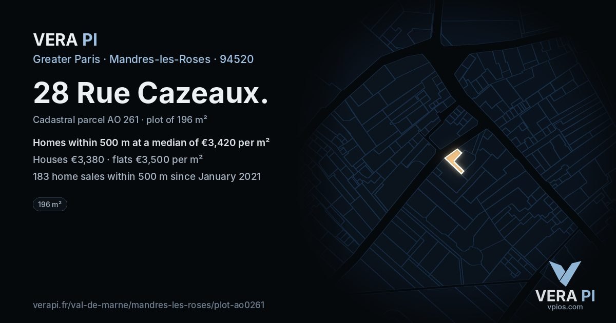 28 Rue Cazeaux, Mandres-les-Roses at night – the plot lit, the parcels around coloured by the prices near them