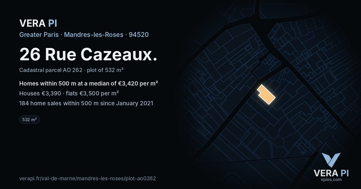 26 Rue Cazeaux, Mandres-les-Roses at night – the plot lit, the parcels around coloured by the prices near them