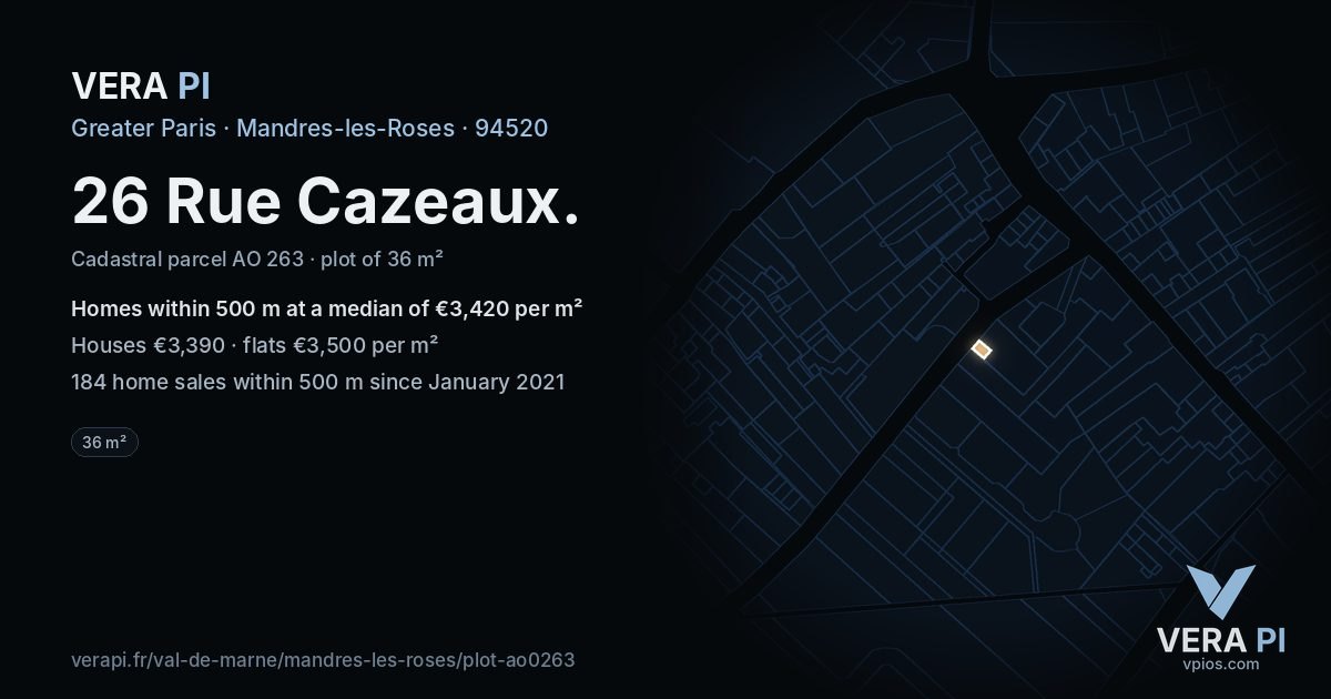 26 Rue Cazeaux, Mandres-les-Roses at night – the plot lit, the parcels around coloured by the prices near them