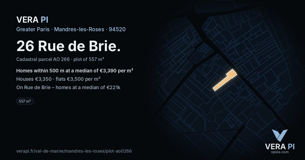26 Rue de Brie, Mandres-les-Roses at night – the plot lit, the parcels around coloured by the prices near them