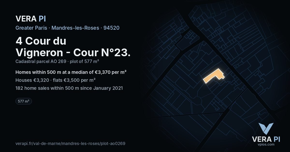4 Cour du Vigneron - Cour N°23, Mandres-les-Roses at night – the plot lit, the parcels around coloured by the prices near them