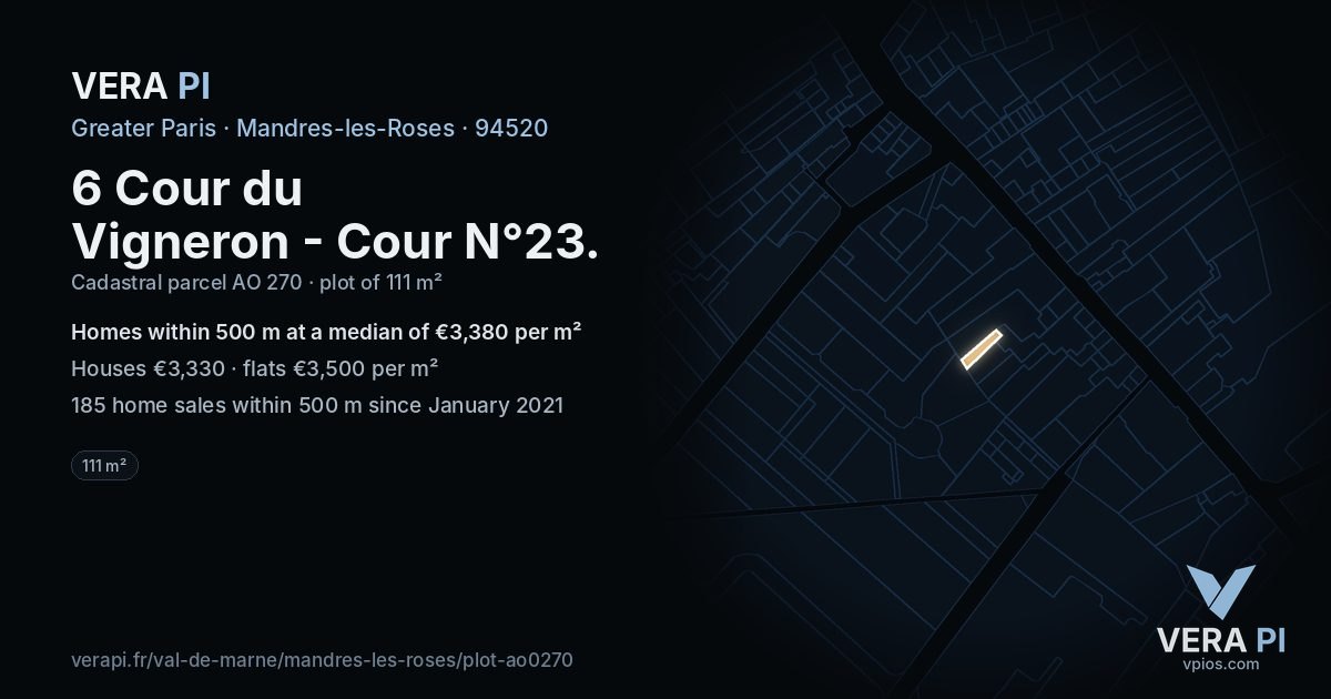 6 Cour du Vigneron - Cour N°23, Mandres-les-Roses at night – the plot lit, the parcels around coloured by the prices near them