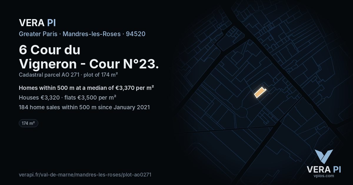6 Cour du Vigneron - Cour N°23, Mandres-les-Roses at night – the plot lit, the parcels around coloured by the prices near them