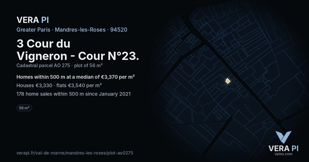 3 Cour du Vigneron - Cour N°23, Mandres-les-Roses at night – the plot lit, the parcels around coloured by the prices near them