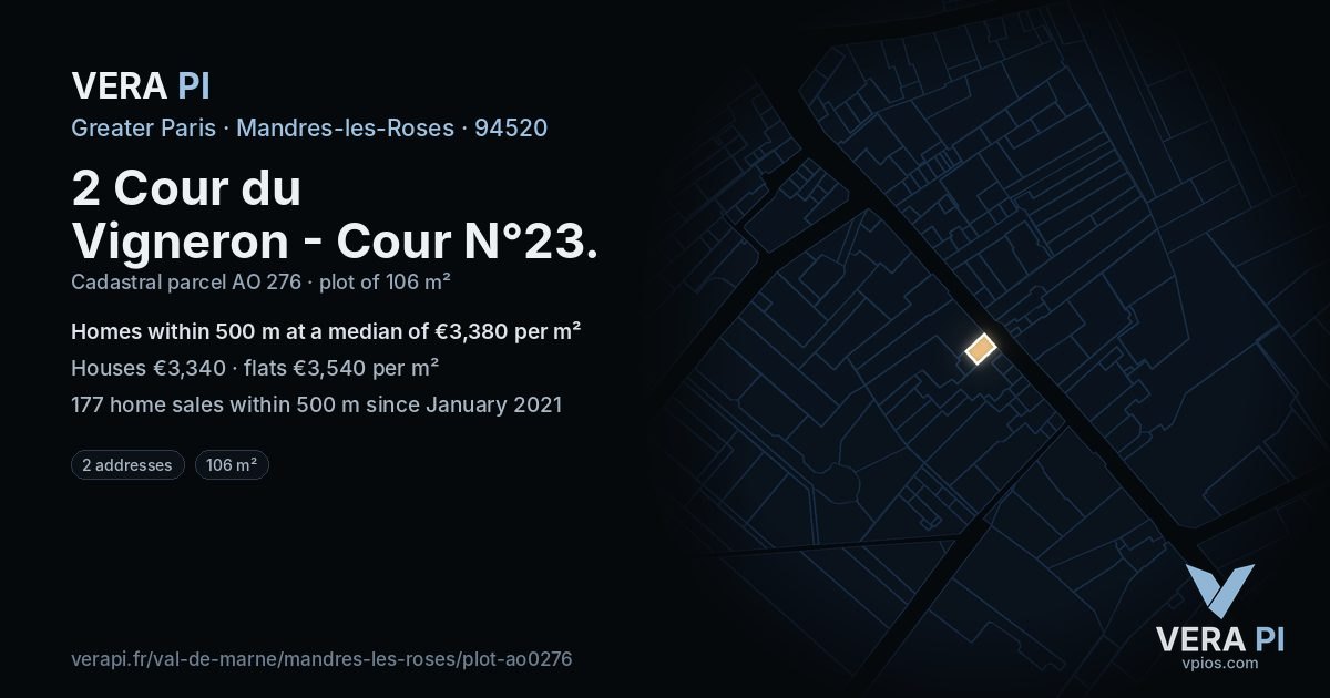 2 Cour du Vigneron - Cour N°23, Mandres-les-Roses at night – the plot lit, the parcels around coloured by the prices near them