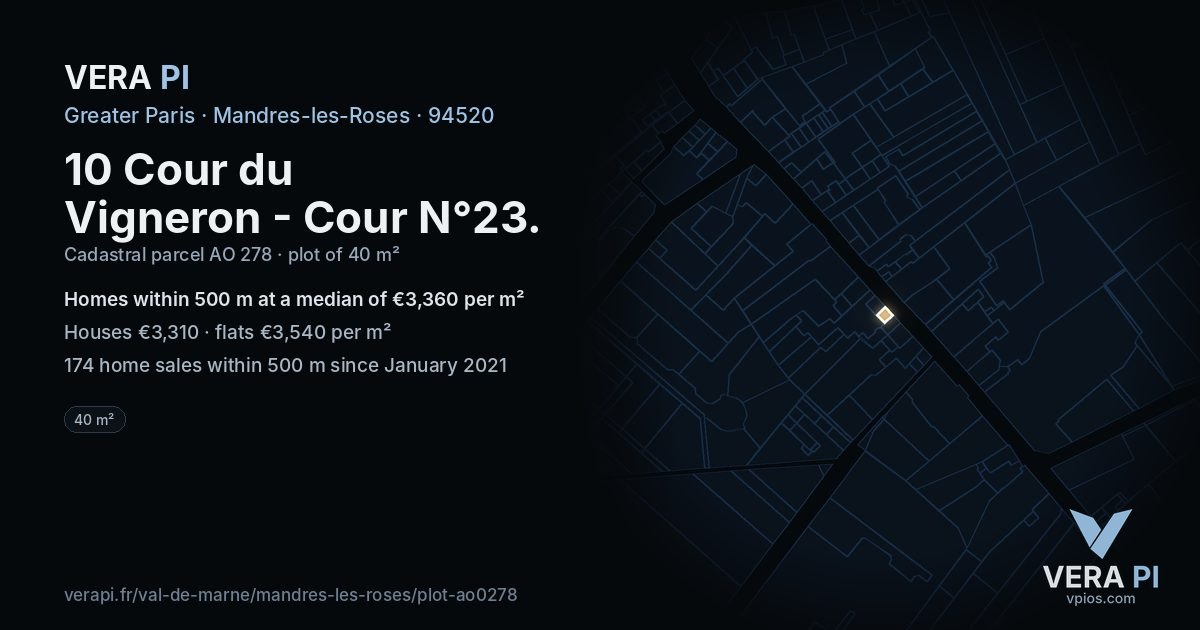 10 Cour du Vigneron - Cour N°23, Mandres-les-Roses at night – the plot lit, the parcels around coloured by the prices near them