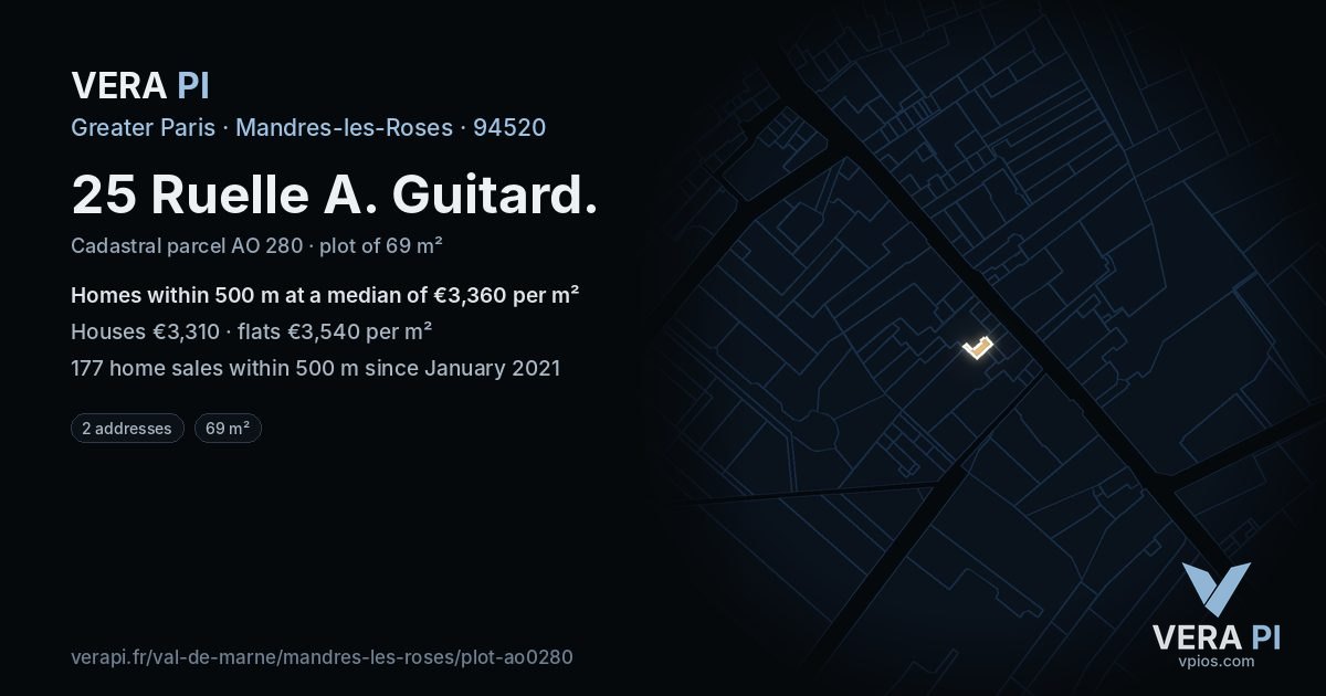25 Ruelle A. Guitard, Mandres-les-Roses at night – the plot lit, the parcels around coloured by the prices near them