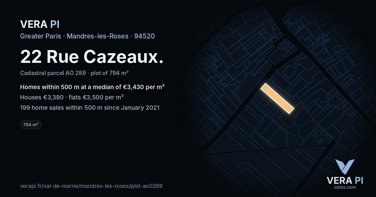 22 Rue Cazeaux, Mandres-les-Roses at night – the plot lit, the parcels around coloured by the prices near them