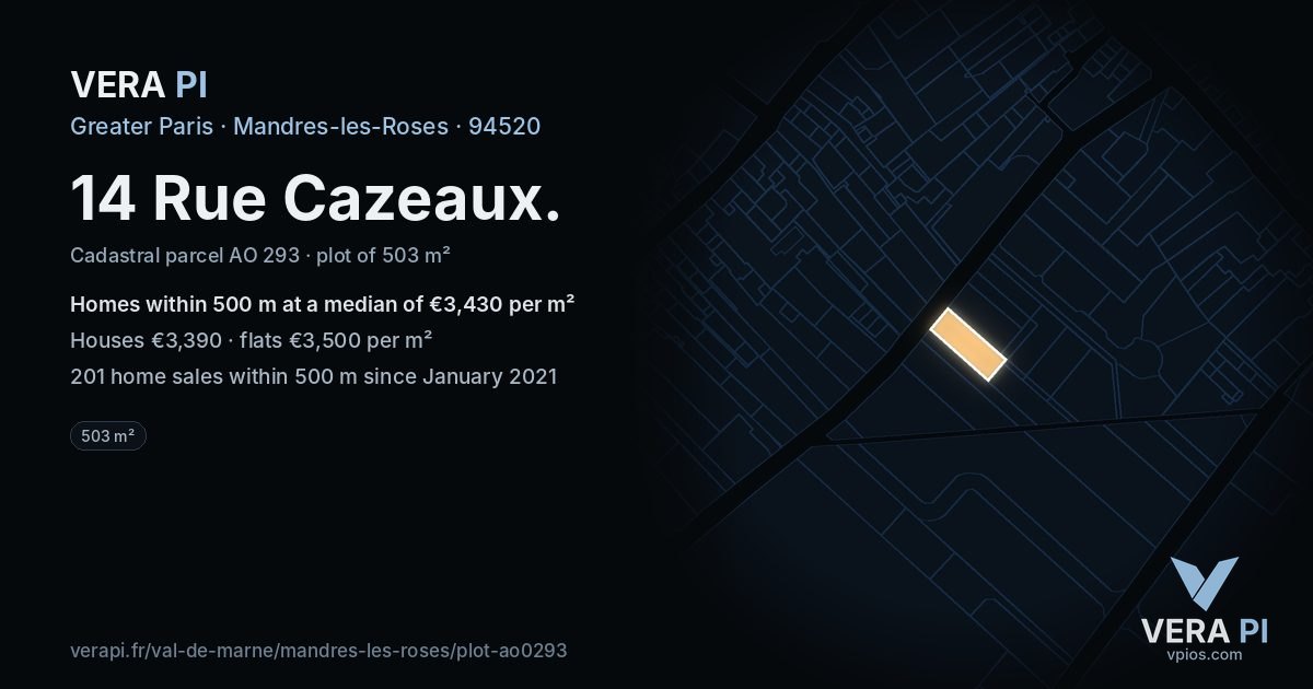 14 Rue Cazeaux, Mandres-les-Roses at night – the plot lit, the parcels around coloured by the prices near them