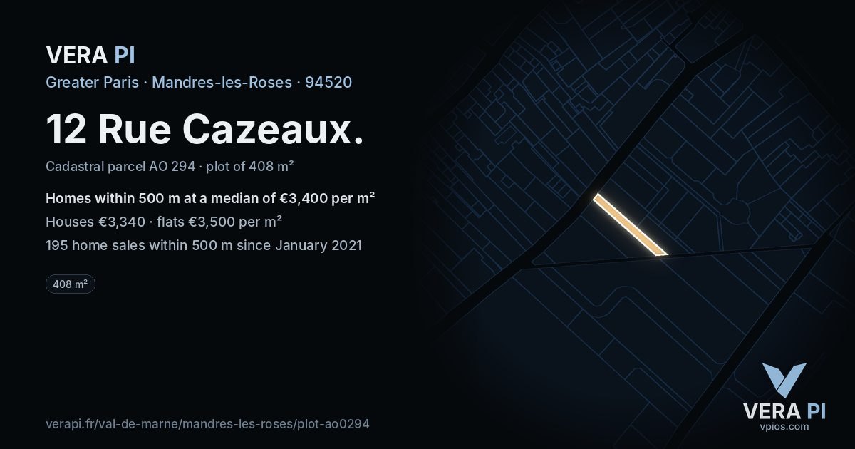 12 Rue Cazeaux, Mandres-les-Roses at night – the plot lit, the parcels around coloured by the prices near them