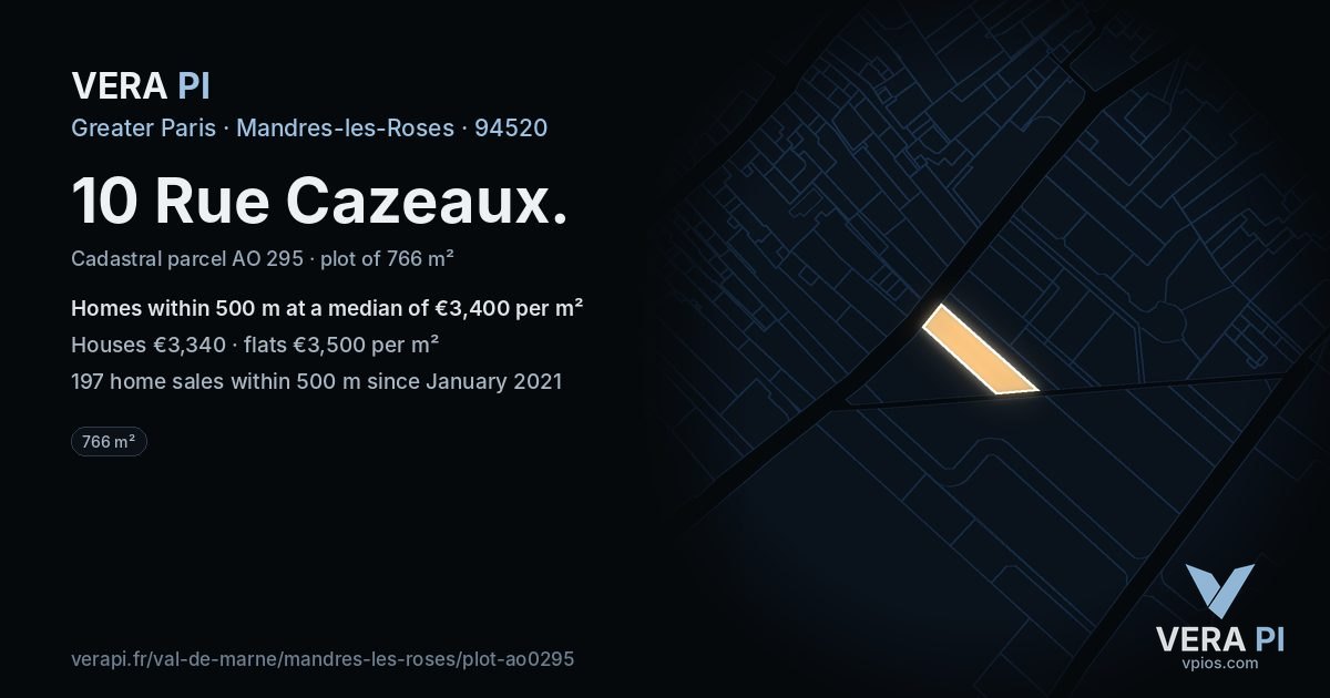 10 Rue Cazeaux, Mandres-les-Roses at night – the plot lit, the parcels around coloured by the prices near them