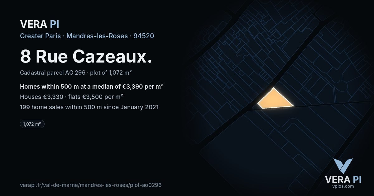 8 Rue Cazeaux, Mandres-les-Roses at night – the plot lit, the parcels around coloured by the prices near them