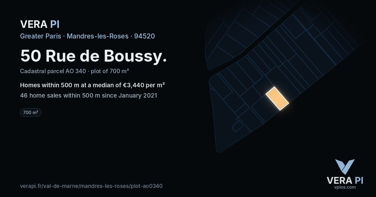 50 Rue de Boussy, Mandres-les-Roses at night – the plot lit, the parcels around coloured by the prices near them