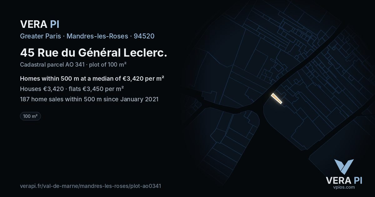 45 Rue du Général Leclerc, Mandres-les-Roses at night – the plot lit, the parcels around coloured by the prices near them