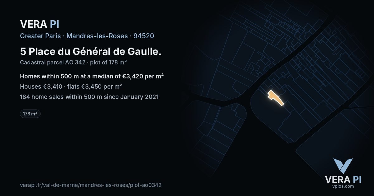 5 Place du Général de Gaulle, Mandres-les-Roses at night – the plot lit, the parcels around coloured by the prices near them