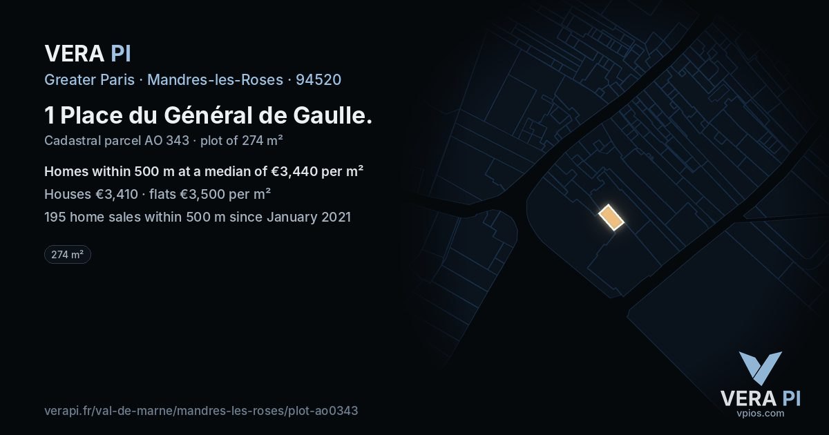 1 Place du Général de Gaulle, Mandres-les-Roses at night – the plot lit, the parcels around coloured by the prices near them