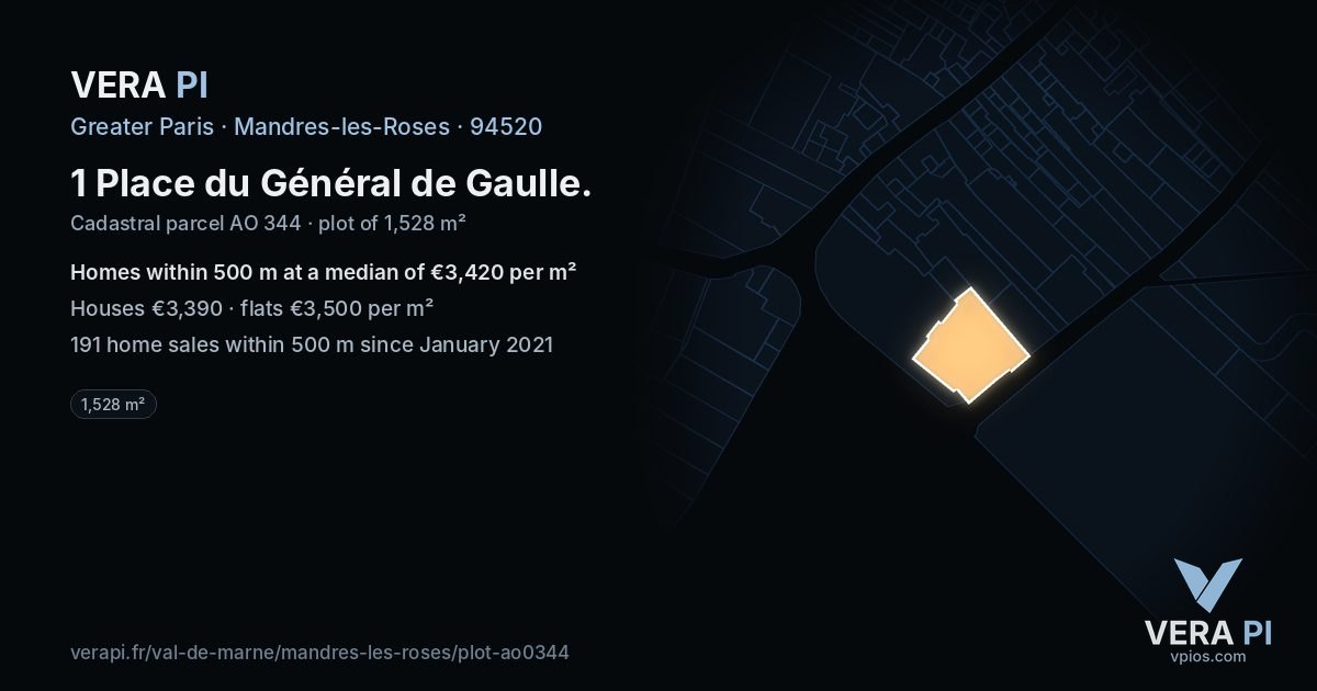 1 Place du Général de Gaulle, Mandres-les-Roses at night – the plot lit, the parcels around coloured by the prices near them