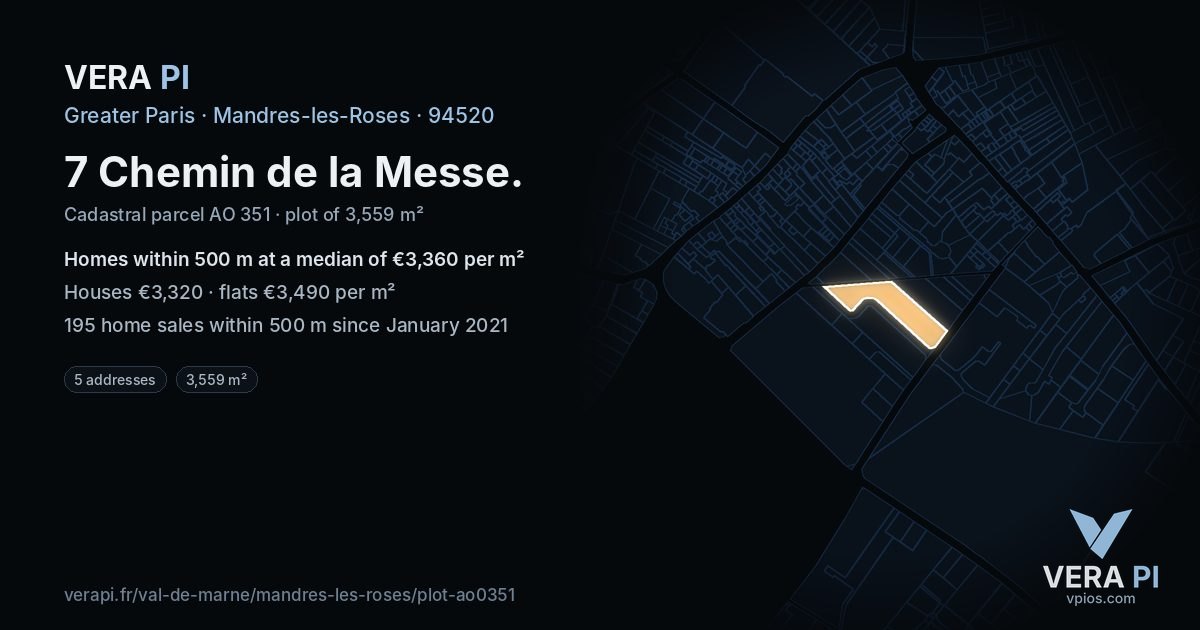 7 Chemin de la Messe, Mandres-les-Roses at night – the plot lit, the parcels around coloured by the prices near them