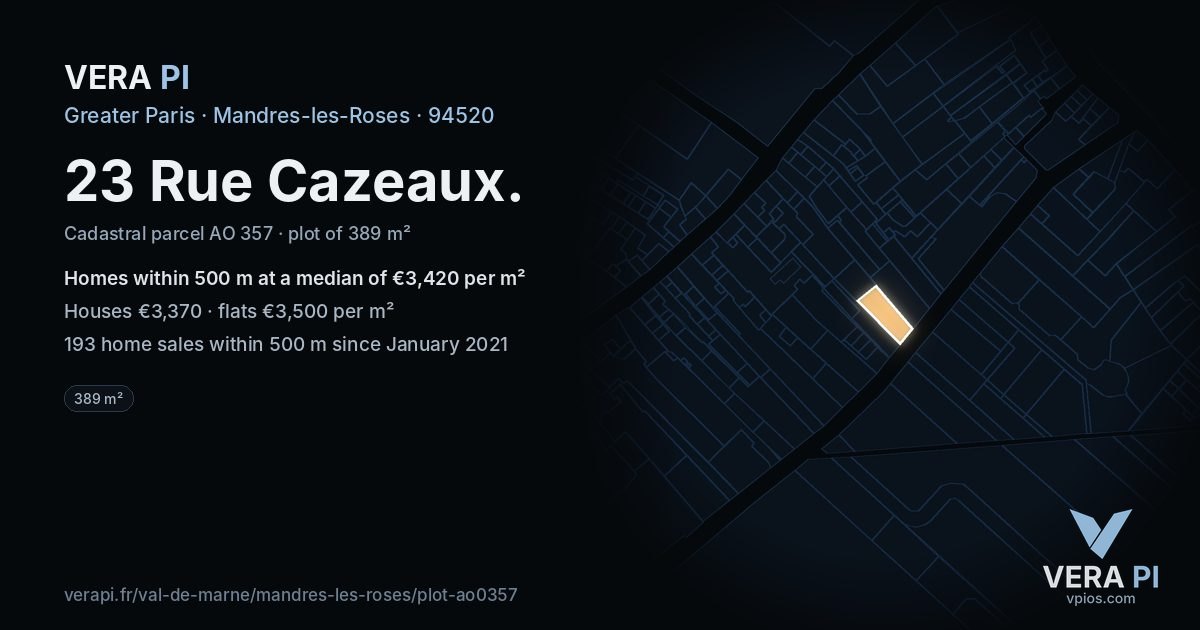 23 Rue Cazeaux, Mandres-les-Roses at night – the plot lit, the parcels around coloured by the prices near them