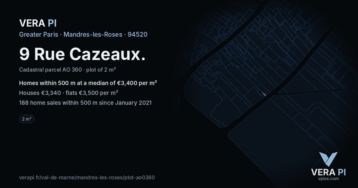 9 Rue Cazeaux, Mandres-les-Roses at night – the plot lit, the parcels around coloured by the prices near them