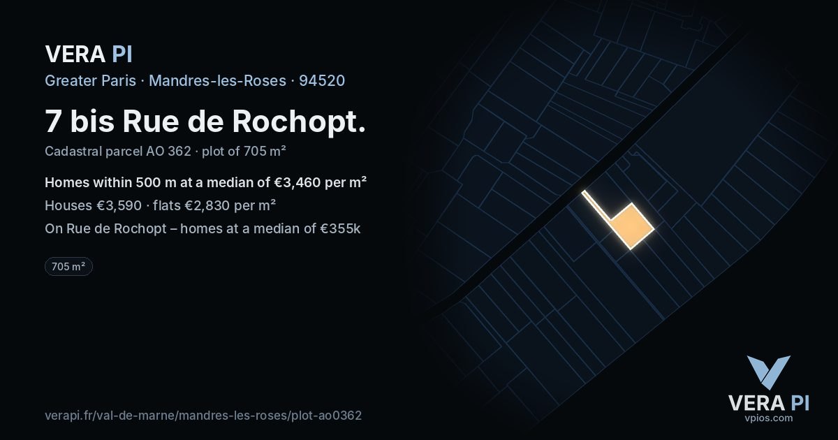7 bis Rue de Rochopt, Mandres-les-Roses at night – the plot lit, the parcels around coloured by the prices near them