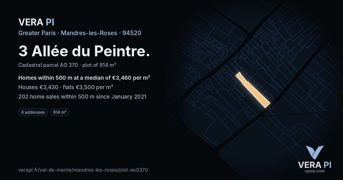 3 Allée du Peintre, Mandres-les-Roses at night – the plot lit, the parcels around coloured by the prices near them