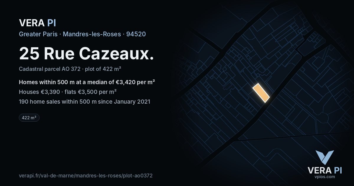 25 Rue Cazeaux, Mandres-les-Roses at night – the plot lit, the parcels around coloured by the prices near them