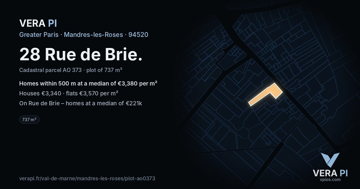 28 Rue de Brie, Mandres-les-Roses at night – the plot lit, the parcels around coloured by the prices near them