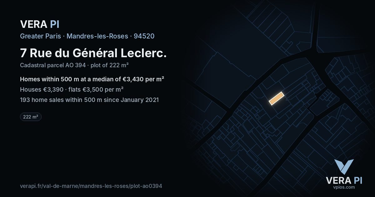7 Rue du Général Leclerc, Mandres-les-Roses at night – the plot lit, the parcels around coloured by the prices near them