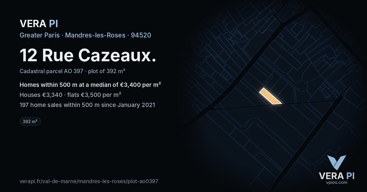 12 Rue Cazeaux, Mandres-les-Roses at night – the plot lit, the parcels around coloured by the prices near them