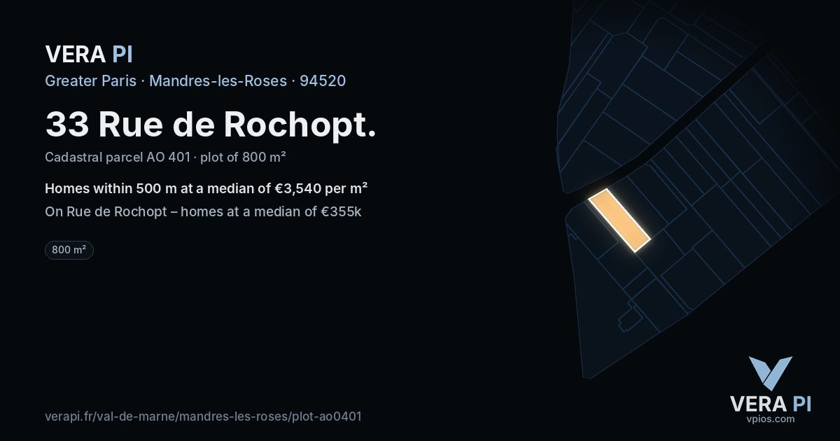 33 Rue de Rochopt, Mandres-les-Roses at night – the plot lit, the parcels around coloured by the prices near them