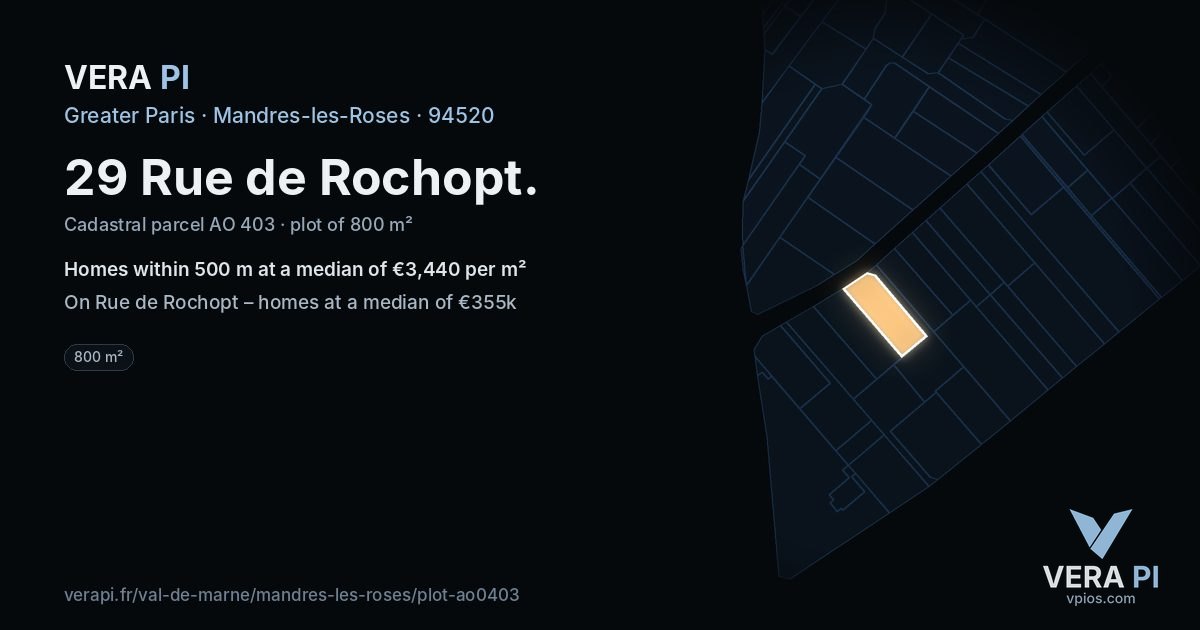 29 Rue de Rochopt, Mandres-les-Roses at night – the plot lit, the parcels around coloured by the prices near them