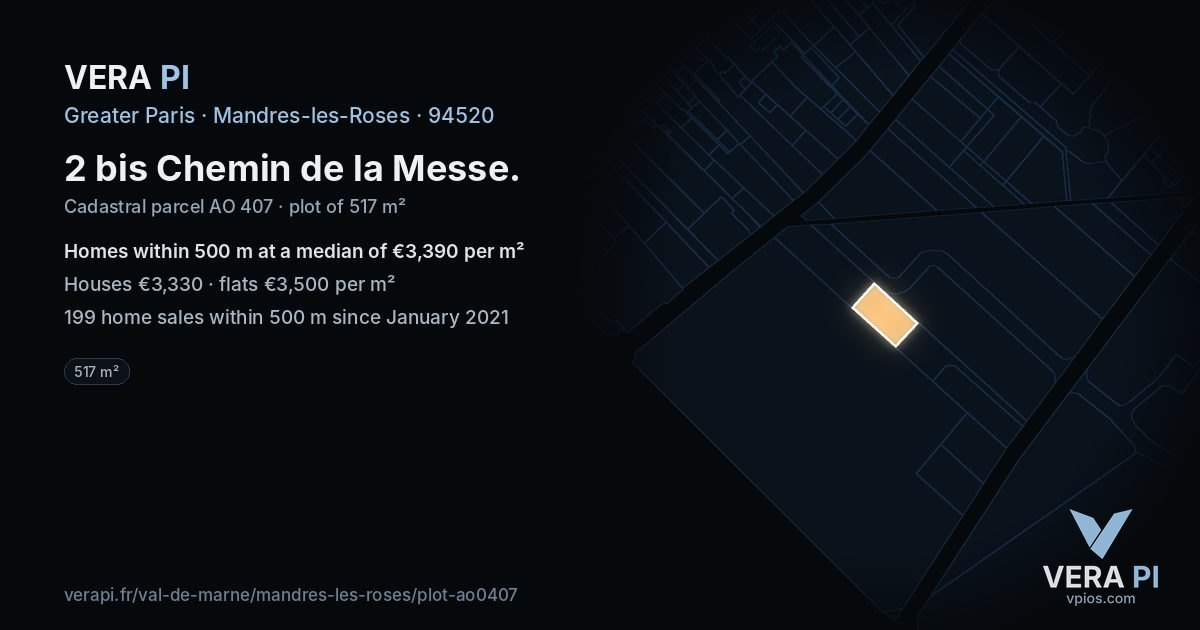 2 bis Chemin de la Messe, Mandres-les-Roses at night – the plot lit, the parcels around coloured by the prices near them