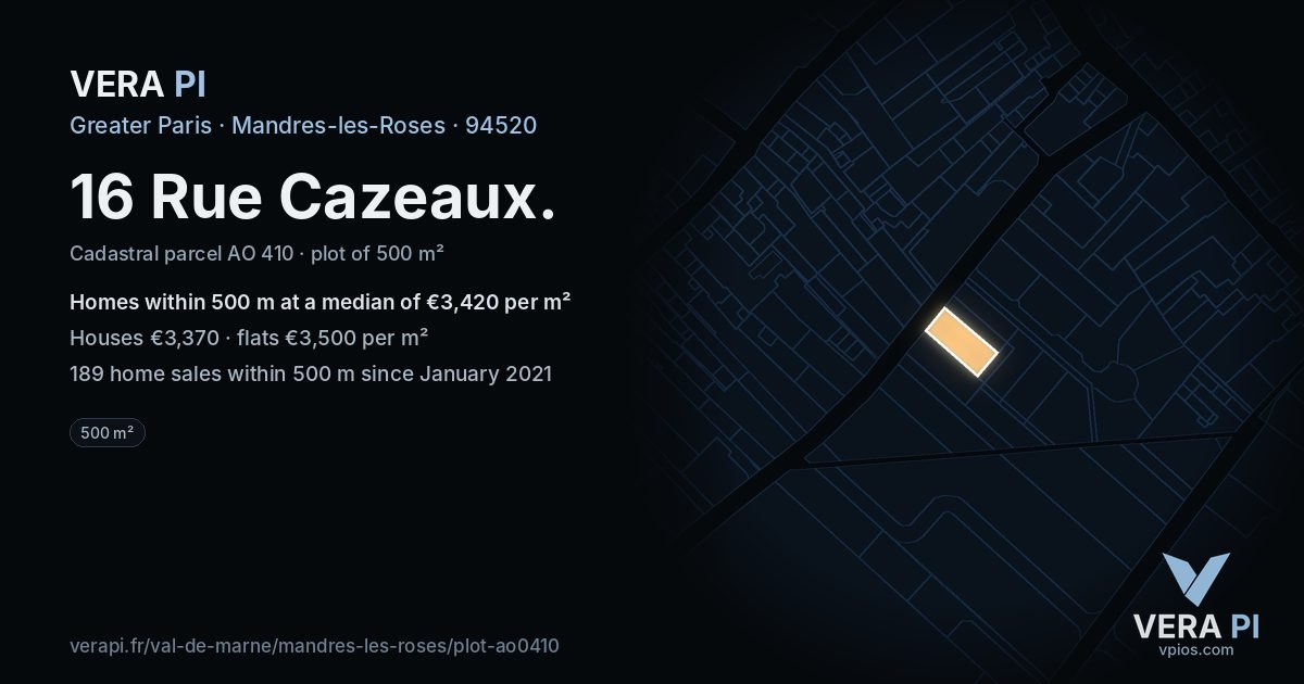 16 Rue Cazeaux, Mandres-les-Roses at night – the plot lit, the parcels around coloured by the prices near them