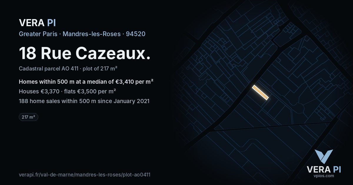 18 Rue Cazeaux, Mandres-les-Roses at night – the plot lit, the parcels around coloured by the prices near them