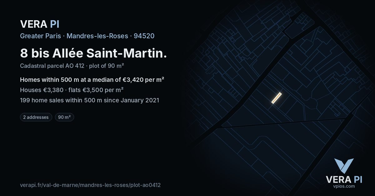 8 bis Allée Saint-Martin, Mandres-les-Roses at night – the plot lit, the parcels around coloured by the prices near them