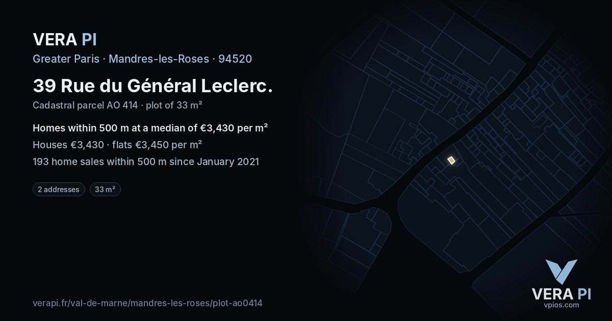 39 Rue du Général Leclerc, Mandres-les-Roses at night – the plot lit, the parcels around coloured by the prices near them