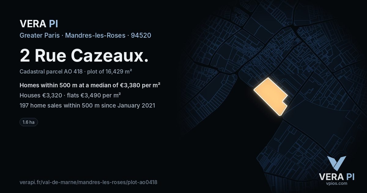 2 Rue Cazeaux, Mandres-les-Roses at night – the plot lit, the parcels around coloured by the prices near them