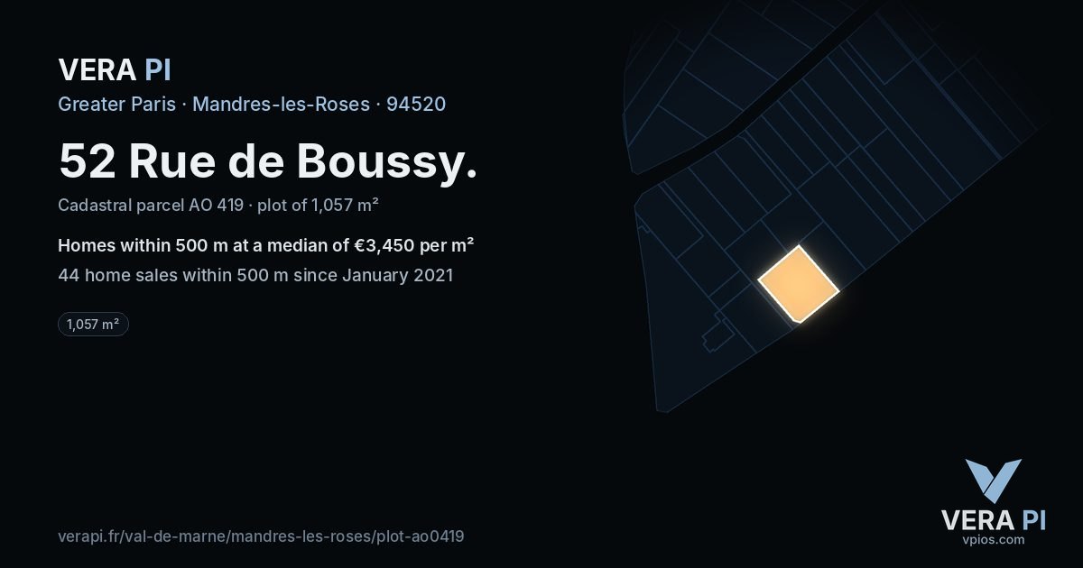 52 Rue de Boussy, Mandres-les-Roses at night – the plot lit, the parcels around coloured by the prices near them