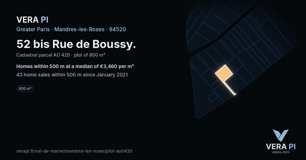52 bis Rue de Boussy, Mandres-les-Roses at night – the plot lit, the parcels around coloured by the prices near them
