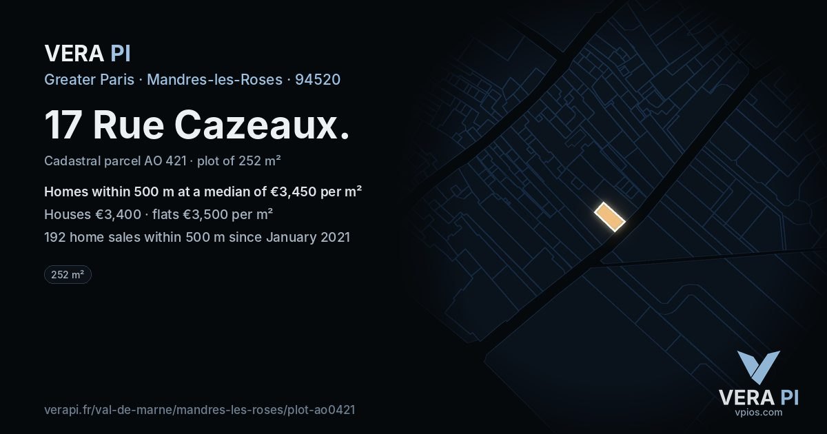 17 Rue Cazeaux, Mandres-les-Roses at night – the plot lit, the parcels around coloured by the prices near them