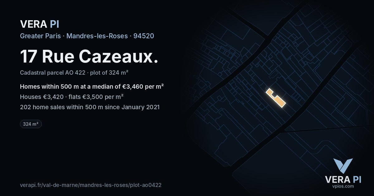 17 Rue Cazeaux, Mandres-les-Roses at night – the plot lit, the parcels around coloured by the prices near them