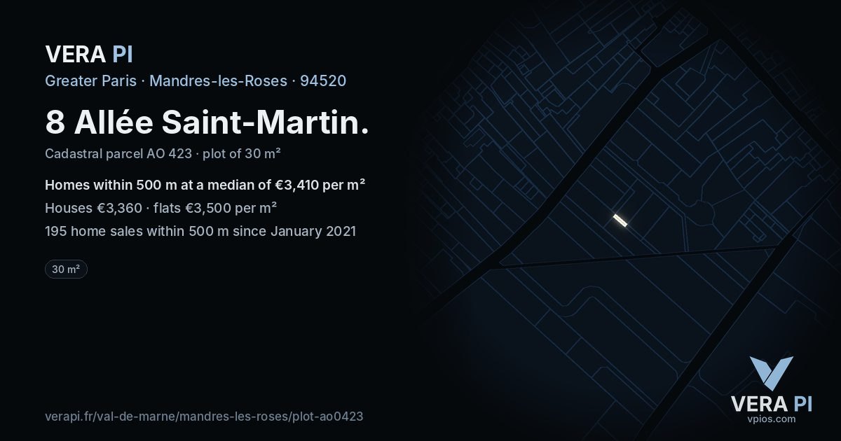 8 Allée Saint-Martin, Mandres-les-Roses at night – the plot lit, the parcels around coloured by the prices near them