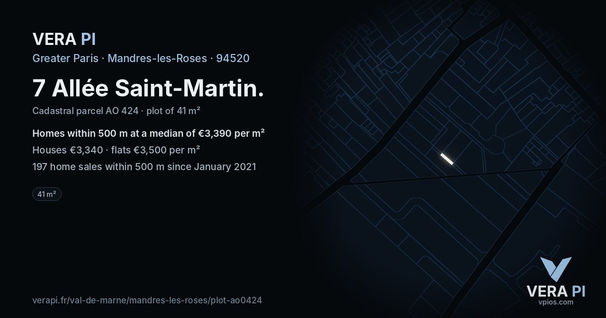 7 Allée Saint-Martin, Mandres-les-Roses at night – the plot lit, the parcels around coloured by the prices near them
