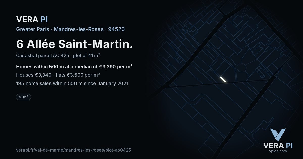 6 Allée Saint-Martin, Mandres-les-Roses at night – the plot lit, the parcels around coloured by the prices near them