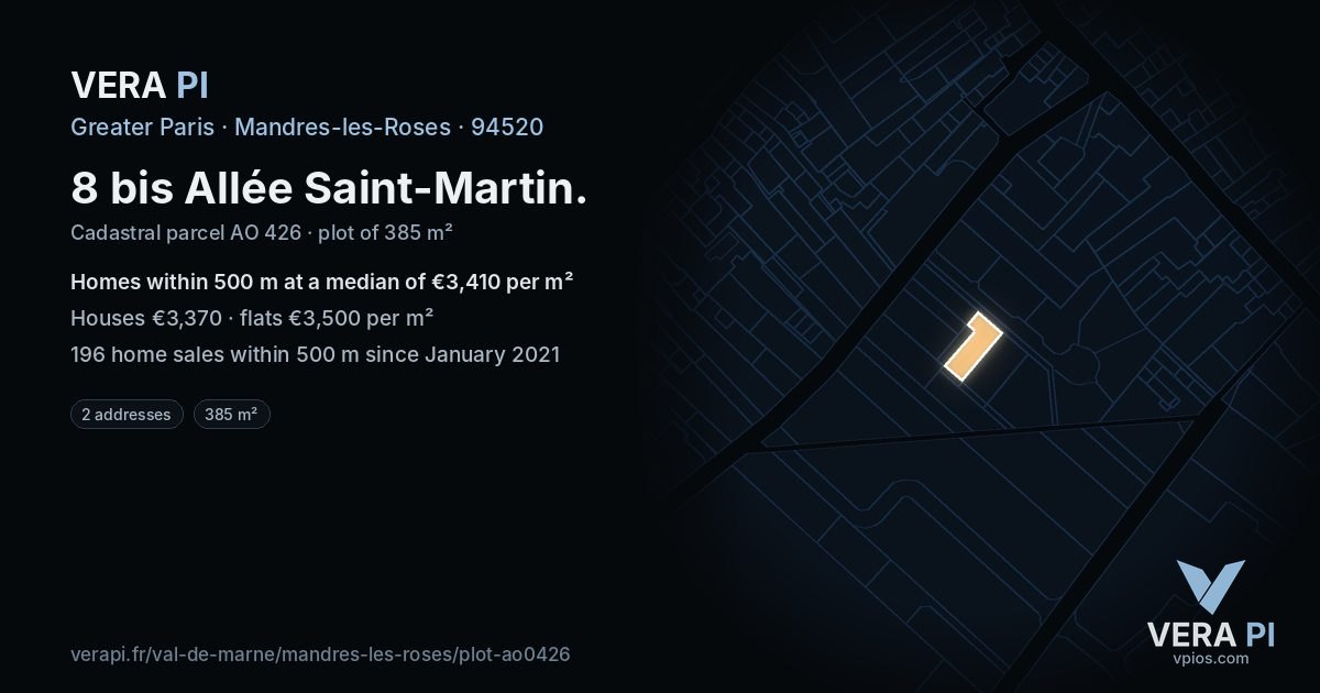 8 bis Allée Saint-Martin, Mandres-les-Roses at night – the plot lit, the parcels around coloured by the prices near them