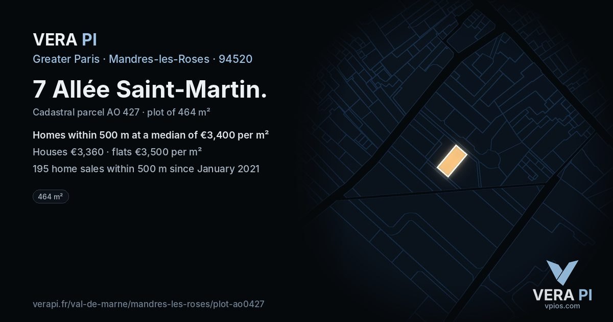 7 Allée Saint-Martin, Mandres-les-Roses at night – the plot lit, the parcels around coloured by the prices near them